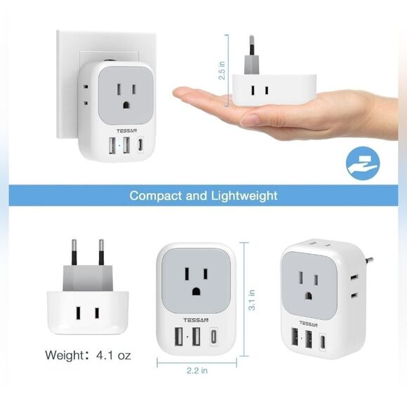 European Travel Plug Adapter USB C, TESSAN International Plug Adapter with 4 AC - Picture 6 of 7